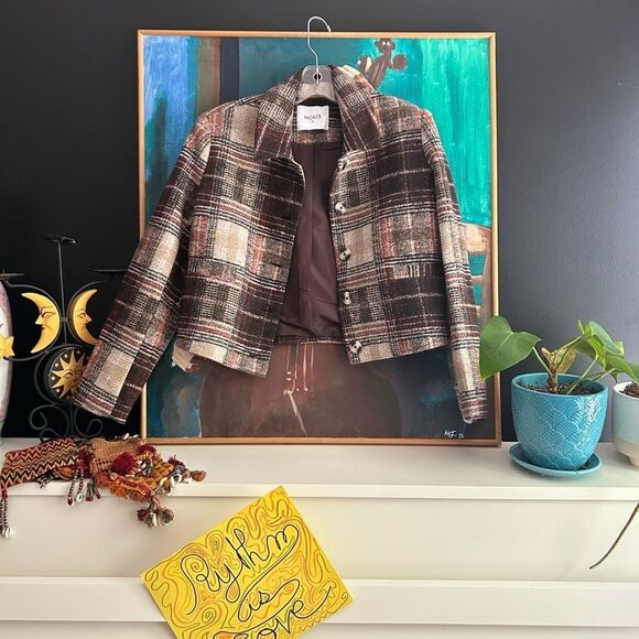 Ricki's Plaid Cropped Blazer in Brown and Cream XS - Picture 15 of 16